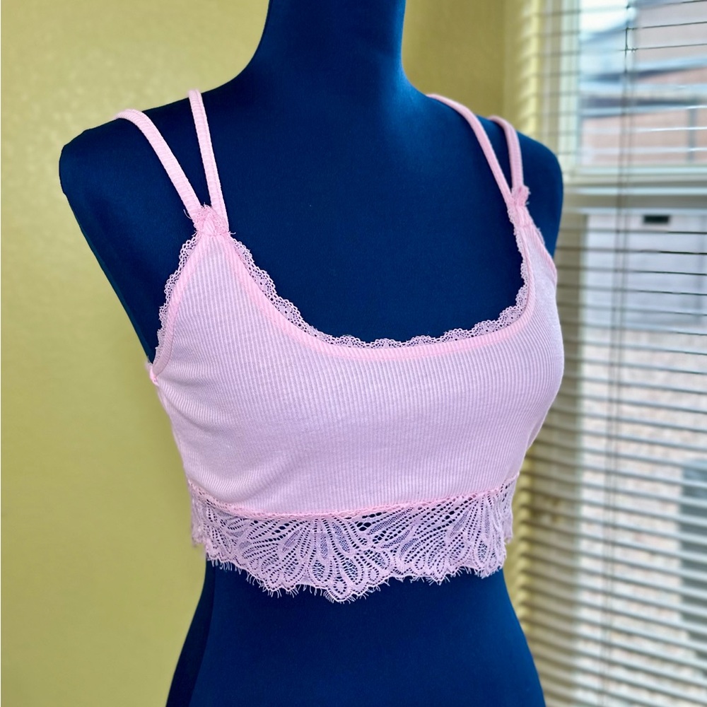 NEW! Pink Ribbed Lace Camisole Crop Top